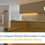 A comparison of kitchen renovation companies' work showing a before-and-after style overlay of a kitchen under construction and a finished modern kitchen with gold-toned cabinets and marble backsplashes.
