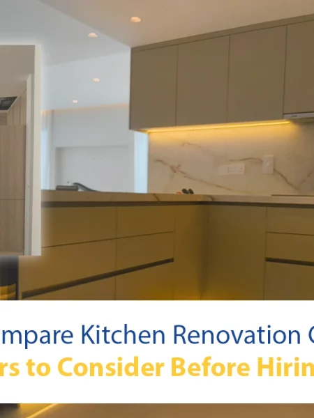 How to Compare Kitchen Renovation Companies: Key Factors to Consider Before Hiring A comparison of kitchen renovation companies' work showing a before-and-after style overlay of a kitchen under construction and a finished modern kitchen with gold-toned cabinets and marble backsplashes.