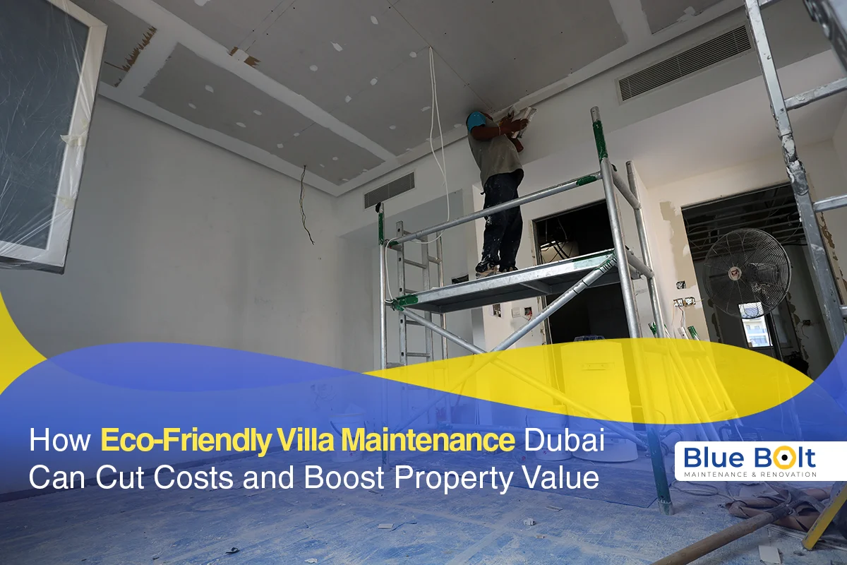 Professional villa maintenance Dubai service with workers carrying out ceiling and interior maintenance inside a villa.