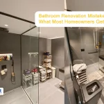 A side-by-side comparison showing a modern gray bathroom with glass shower partitions, highlighting common bathroom renovation mistakes to avoid like poor storage planning and layout issues.
