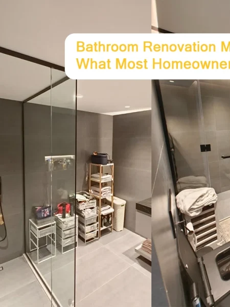 A side-by-side comparison showing a modern gray bathroom with glass shower partitions, highlighting common bathroom renovation mistakes to avoid like poor storage planning and layout issues.