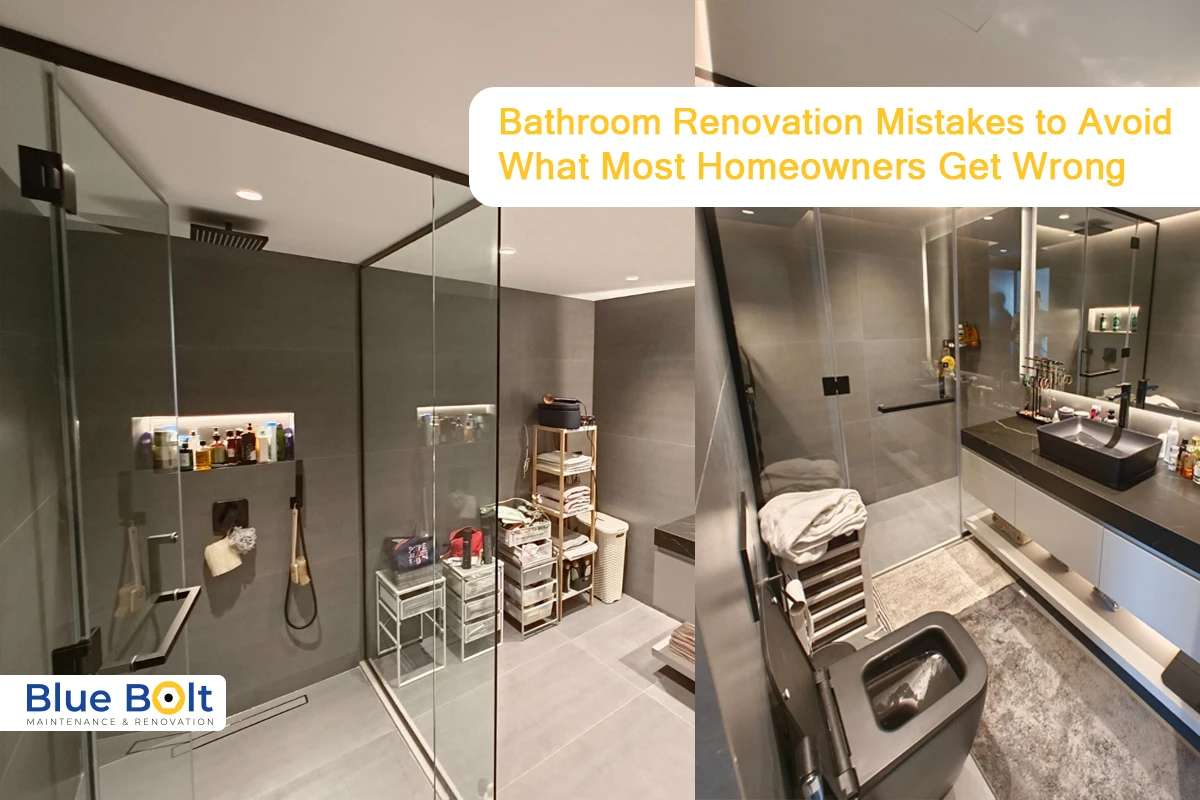 A side-by-side comparison showing a modern gray bathroom with glass shower partitions, highlighting common bathroom renovation mistakes to avoid like poor storage planning and layout issues.
