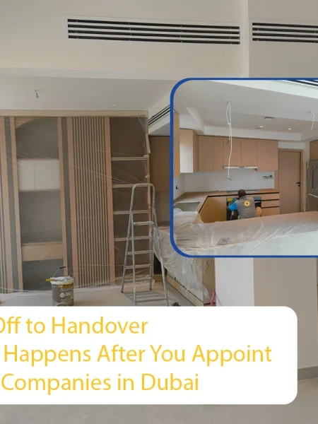 A split-view image showing a modern kitchen and living area under construction, highlighting the handover process handled by top renovation companies in Dubai.