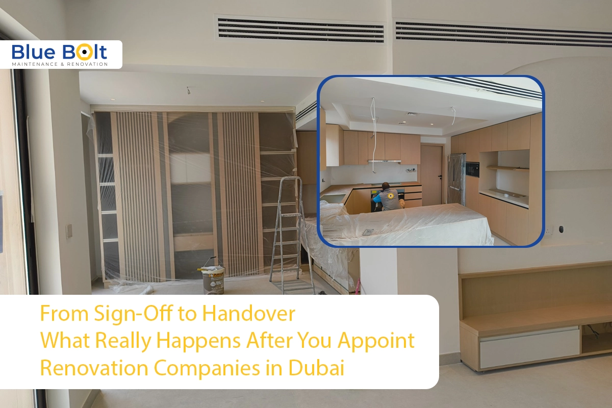 A split-view image showing a modern kitchen and living area under construction, highlighting the handover process handled by top renovation companies in Dubai.