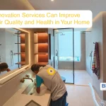 A professional from Blue Bolt Renovation Services working on a modern bathroom sink installation to help improve indoor air quality and home health.