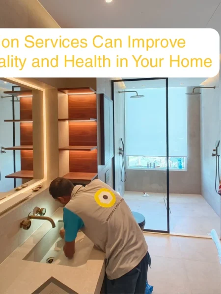 A professional from Blue Bolt Renovation Services working on a modern bathroom sink installation to help improve indoor air quality and home health.