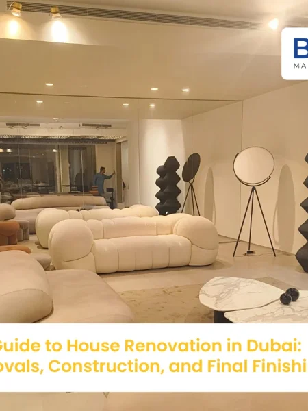 A modern, minimalist living room interior featuring curved white furniture and avant-garde decor, showcasing a professional house renovation in Dubai by Blue Bolt Maintenance.