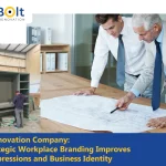 A collaborative image featuring the Blue Bolt Maintenance & Renovation logo, showcasing the expertise of an office renovation company. On the left, a technician works on a custom olive-green shelving unit in a workshop; on the right, two professionals in business attire review architectural blueprints on a wooden table, illustrating the transition from strategic planning to high-quality execution.