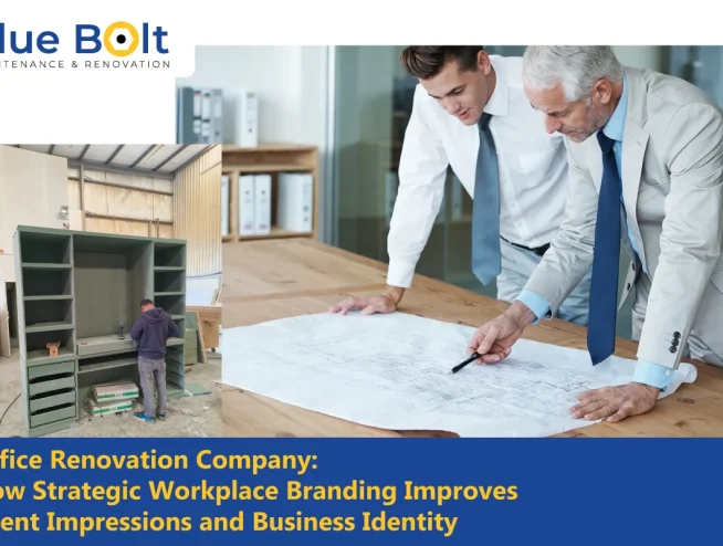 A collaborative image featuring the Blue Bolt Maintenance & Renovation logo, showcasing the expertise of an office renovation company. On the left, a technician works on a custom olive-green shelving unit in a workshop; on the right, two professionals in business attire review architectural blueprints on a wooden table, illustrating the transition from strategic planning to high-quality execution.