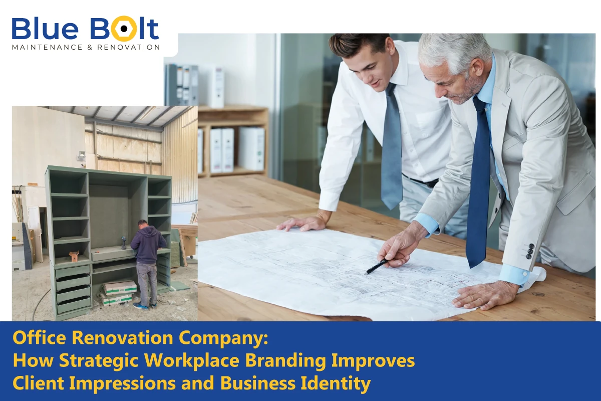 A collaborative image featuring the Blue Bolt Maintenance & Renovation logo, showcasing the expertise of an office renovation company. On the left, a technician works on a custom olive-green shelving unit in a workshop; on the right, two professionals in business attire review architectural blueprints on a wooden table, illustrating the transition from strategic planning to high-quality execution.