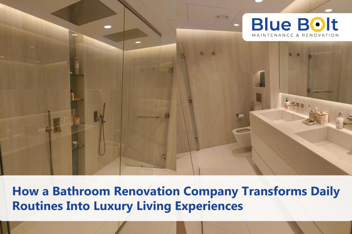 A modern, bathroom designed by a Bathroom renovation company, featuring a dual-sink vanity, glass-enclosed walk-in shower with rainfall heads, and warm ambient lighting.
