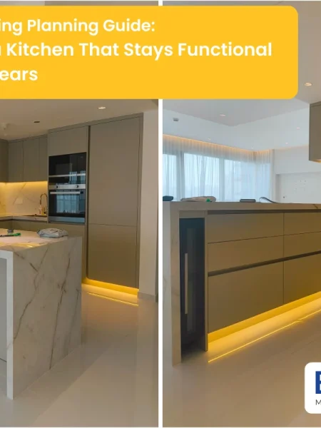 A side-by-side comparison of a modern Kitchen Remodeling project featuring sleek olive-grey cabinetry, marble-patterned countertops and backsplashes, and warm LED under-cabinet lighting.