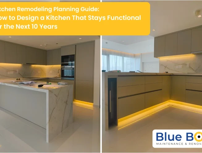 A side-by-side comparison of a modern Kitchen Remodeling project featuring sleek olive-grey cabinetry, marble-patterned countertops and backsplashes, and warm LED under-cabinet lighting.