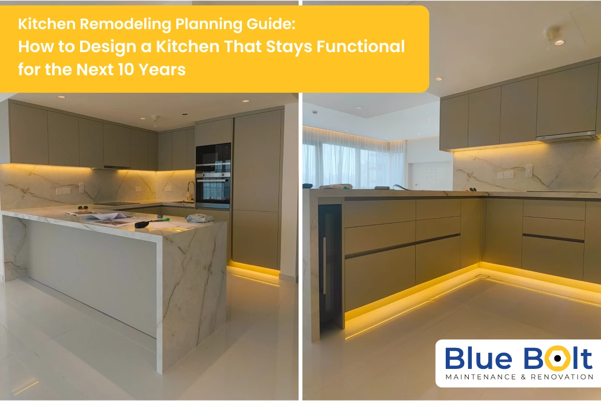 A side-by-side comparison of a modern Kitchen Remodeling project featuring sleek olive-grey cabinetry, marble-patterned countertops and backsplashes, and warm LED under-cabinet lighting.