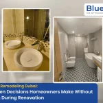 A side-by-side comparison of high-end bathroom remodeling in Dubai, featuring modern vessel sinks, a sleek freestanding bathtub, and geometric floor tiling.