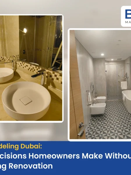 A side-by-side comparison of high-end bathroom remodeling in Dubai, featuring modern vessel sinks, a sleek freestanding bathtub, and geometric floor tiling.