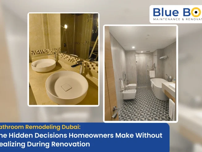 A side-by-side comparison of high-end bathroom remodeling in Dubai, featuring modern vessel sinks, a sleek freestanding bathtub, and geometric floor tiling.