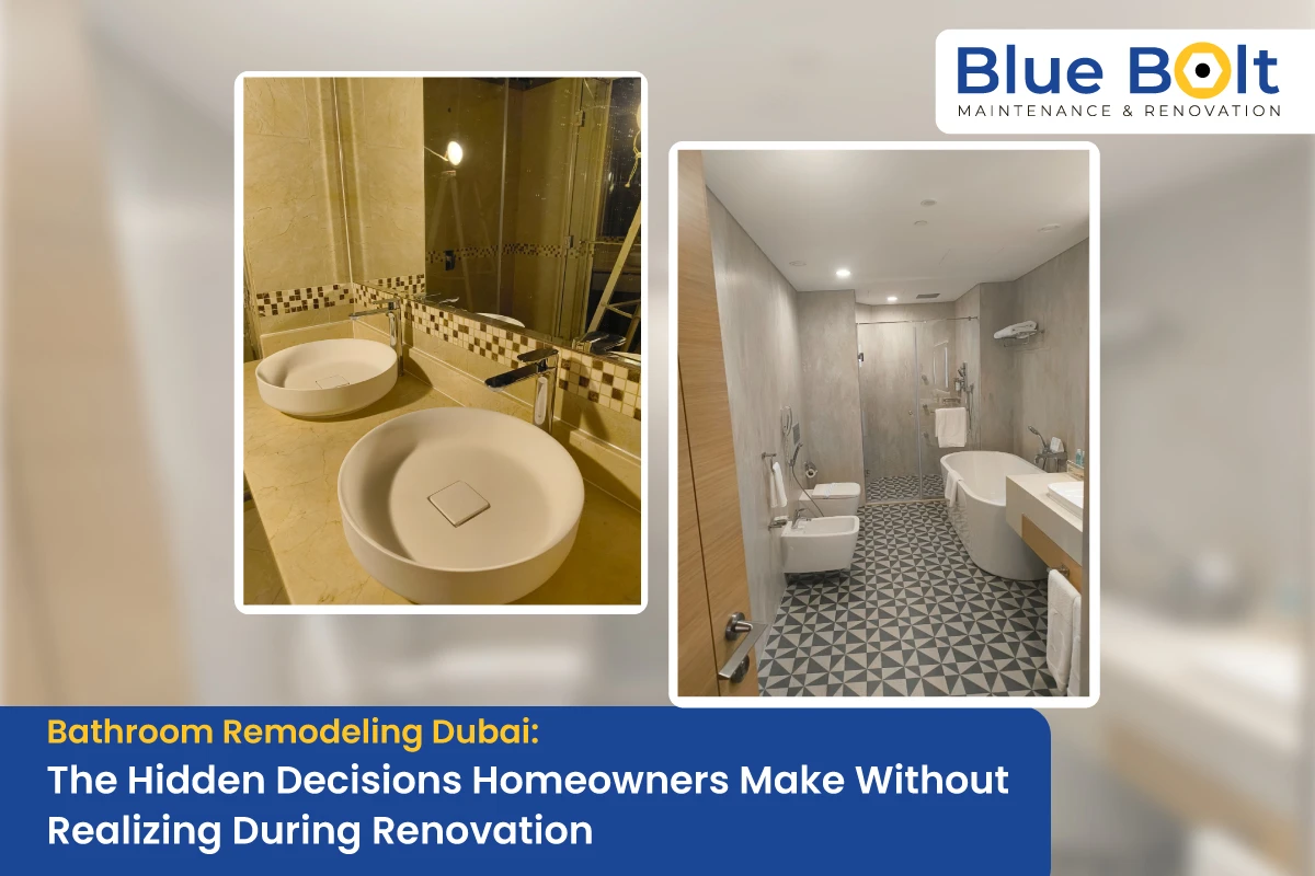 A side-by-side comparison of high-end bathroom remodeling in Dubai, featuring modern vessel sinks, a sleek freestanding bathtub, and geometric floor tiling.