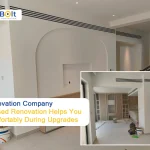An interior view of a home undergoing a phased project by a Villa Renovation Company, showcasing newly painted white walls with arched architectural details, recessed lighting, and professional construction equipment.