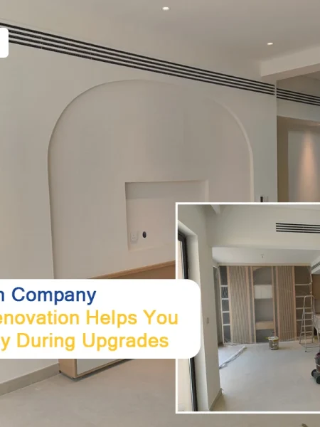 An interior view of a home undergoing a phased project by a Villa Renovation Company, showcasing newly painted white walls with arched architectural details, recessed lighting, and professional construction equipment.