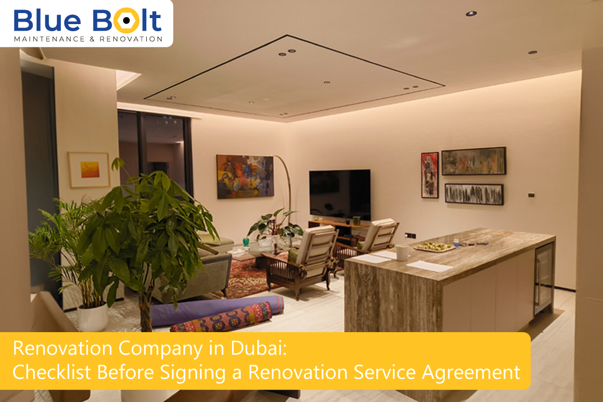 Modern living room renovation by renovation company in Dubai