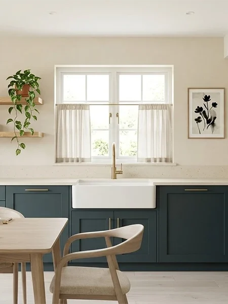 Kitchen renovation company in Dubai creating a modern kitchen with dark blue cabinets