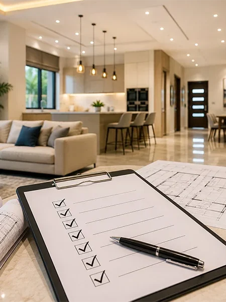 Architectural blueprint blueprints, renovation checklist clipboard, and measuring tape laid out on a kitchen counter during a modern open-concept luxury villa renovation in Dubai with a living room and pool view in the background.