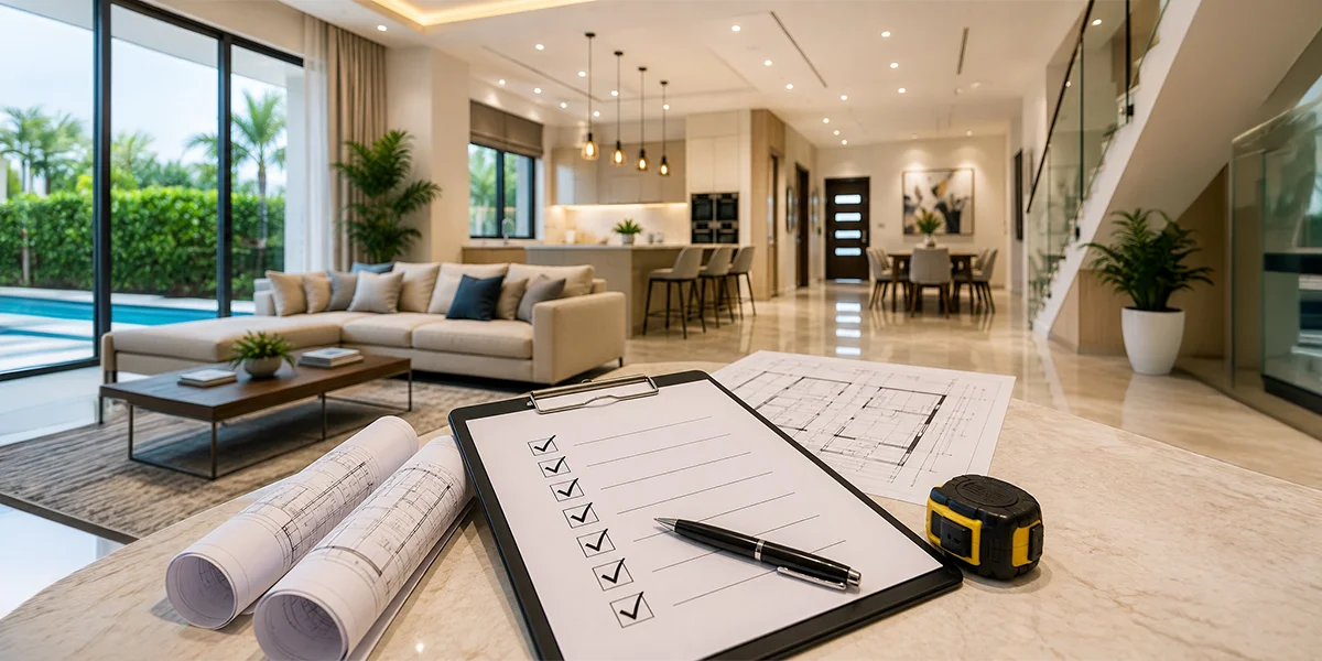 Architectural blueprint blueprints, renovation checklist clipboard, and measuring tape laid out on a kitchen counter during a modern open-concept luxury villa renovation in Dubai with a living room and pool view in the background.