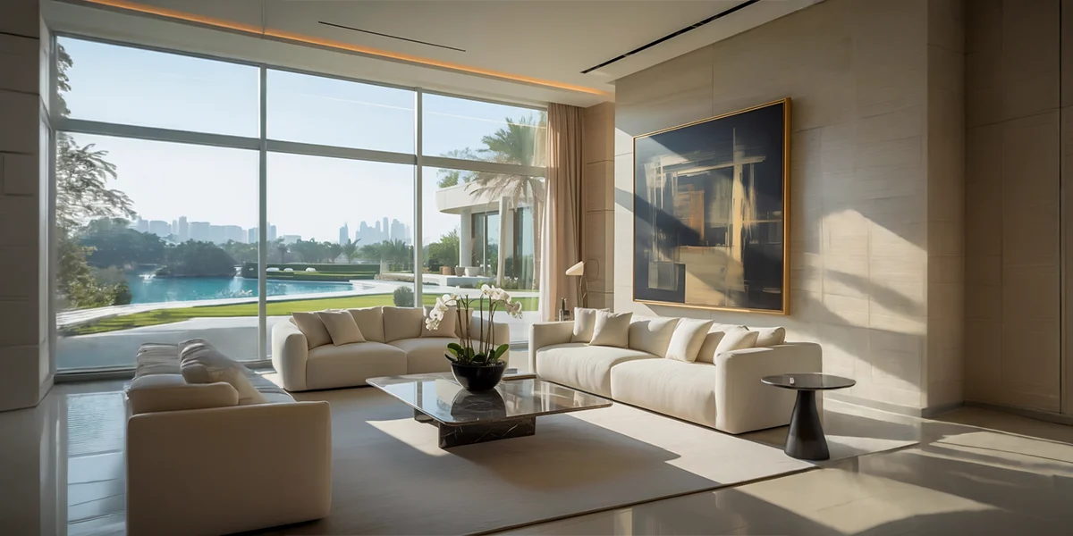 Modern luxury living room interior featuring cream sofas, high ceilings, large wall art, and expansive floor-to-ceiling glass windows overlooking a private pool and city skyline during a villa renovation in Dubai.