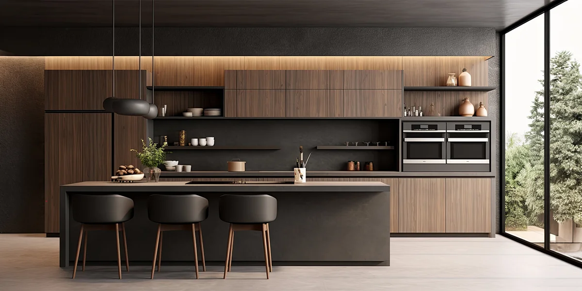 Modern dark kitchen with elegant lighting and finishes for kitchen renovation services