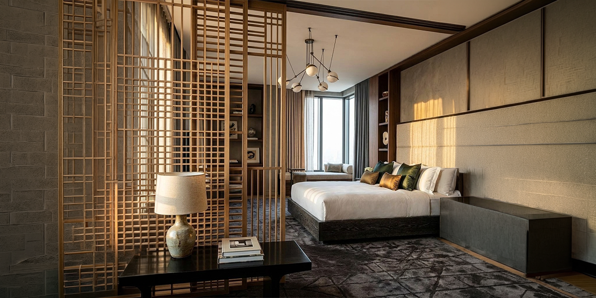 Apartment renovation in Dubai featuring a stylish bedroom privacy divider