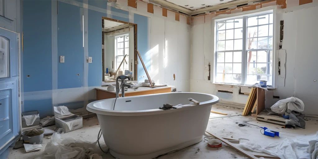Bathroom renovation in progress with a freestanding bathtub, unfinished walls, large windows, and construction materials, showcasing a Bathroom Renovation Company in Dubai project.