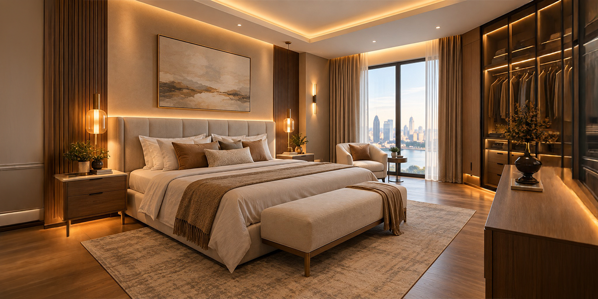 Best renovation company Dubai bedroom lighting and furniture