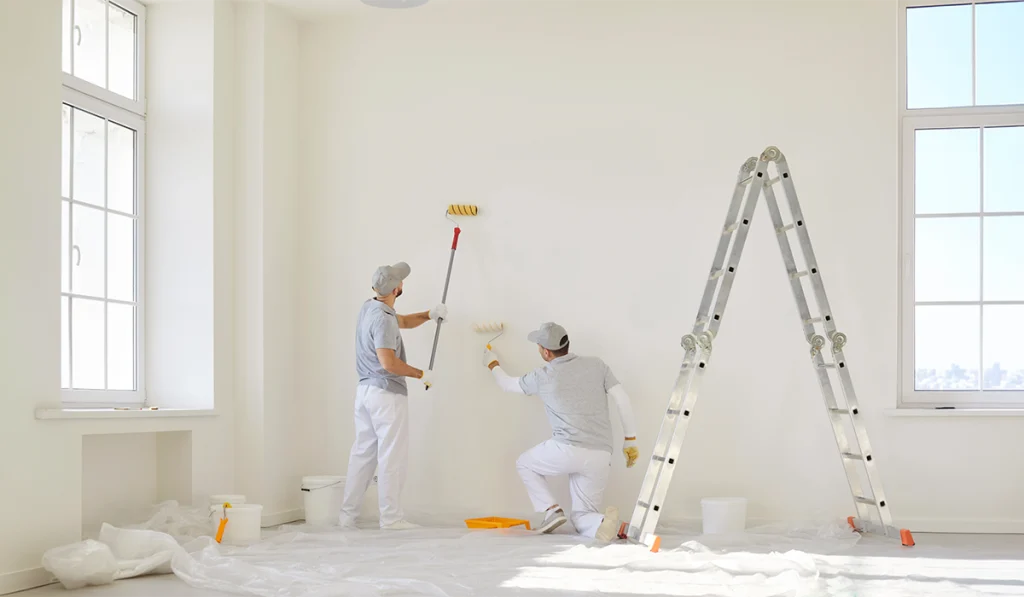 Two professional painters painting a white wall in a bright living room, representing services provided by top home renovation companies in UAE.