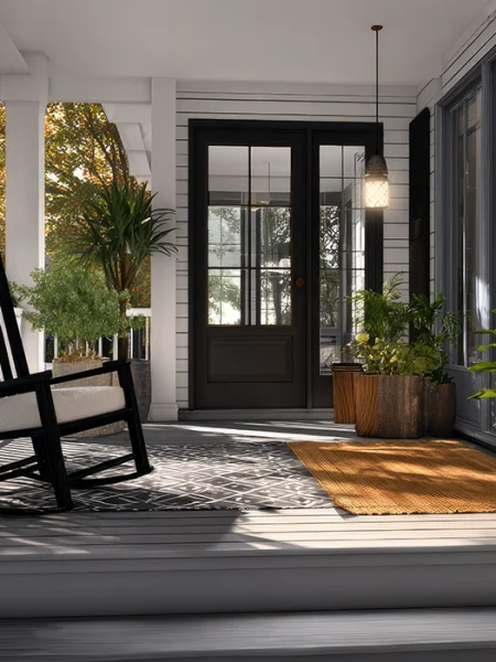 Modern renovated home front porch featuring a black rocking chair, potted plants, and sleek white siding designed by professional home renovation companies in UAE.