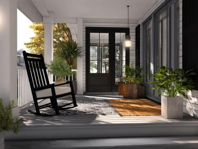Modern renovated home front porch featuring a black rocking chair, potted plants, and sleek white siding designed by professional home renovation companies in UAE.