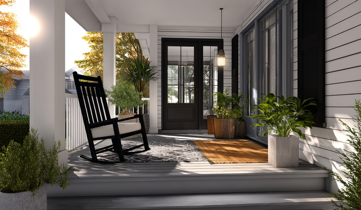 Modern renovated home front porch featuring a black rocking chair, potted plants, and sleek white siding designed by professional home renovation companies in UAE.