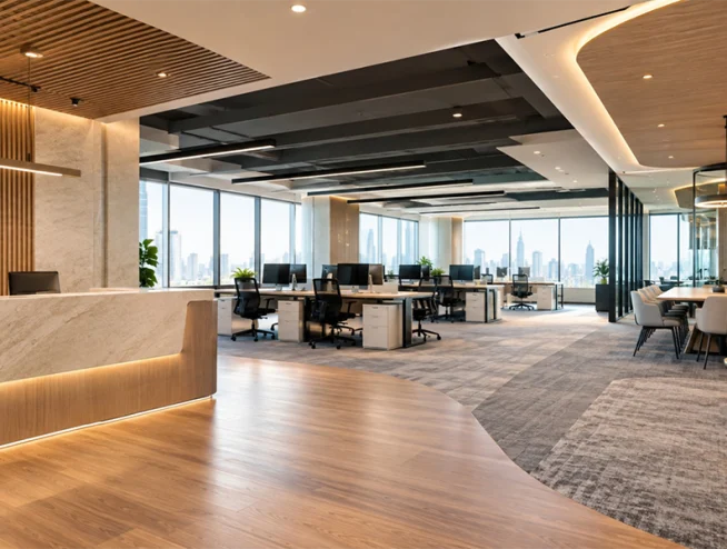 Office Renovation Service Dubai: How Can Material Transitions Define Different Office Areas? Renovation service Dubai office with material transitions