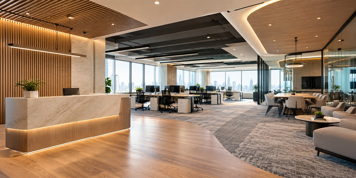 Renovation service Dubai office with material transitions